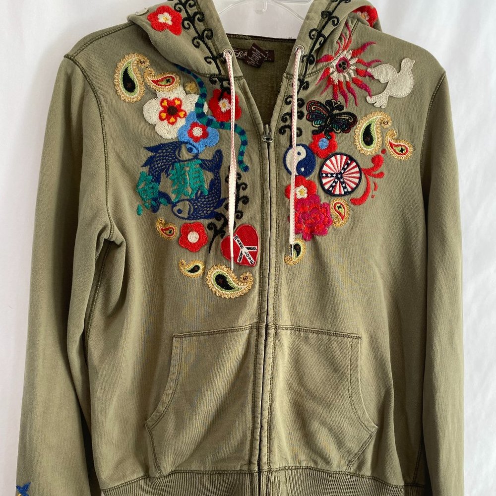 SOLD Lucky Brand Embroidered Khaki Green Zip Front Hoodie Sweatshirt NWOT - Picture 3 of 14